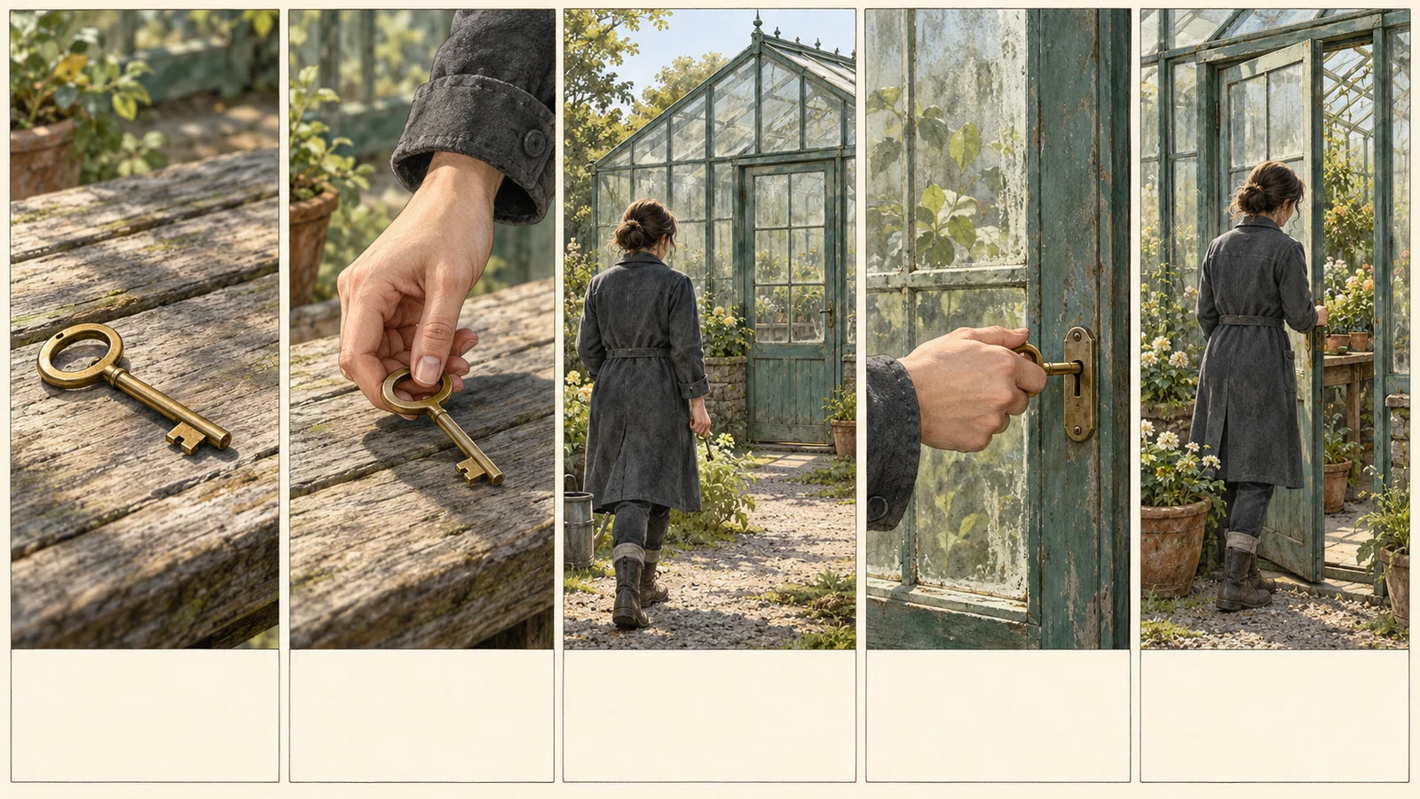 Five storyboard panels show discovery, pickup, approach, hesitation, and entry at a greenhouse.