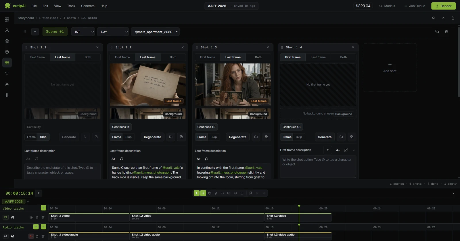 The cutipAI storyboard, showing a scene broken into shots with generated frames
